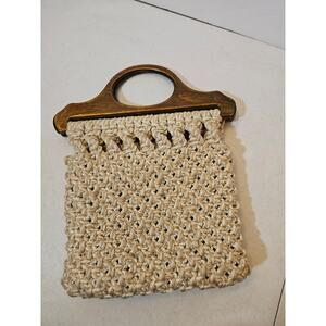 Vintage handmade macrame boho hippie retro bag purse with wood handles
